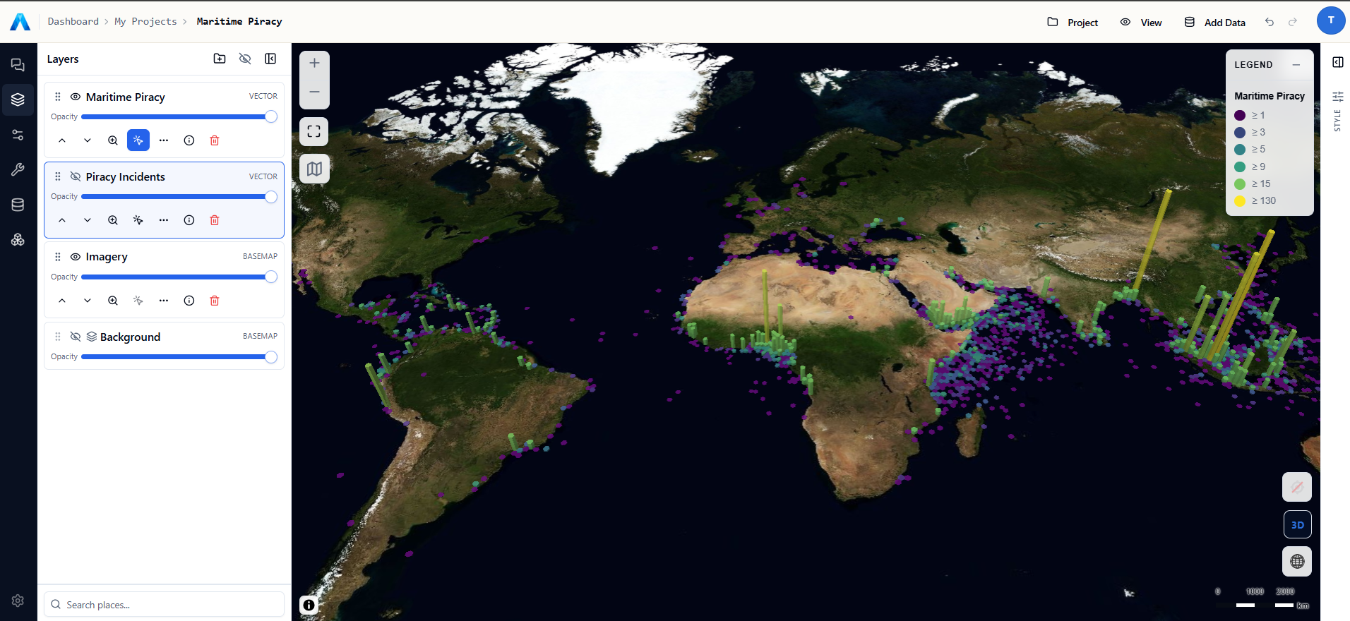 ALIGN Map Builder showing a deck.gl hexagon layer of global maritime piracy incidents over a satellite basemap, with a layers panel and a legend