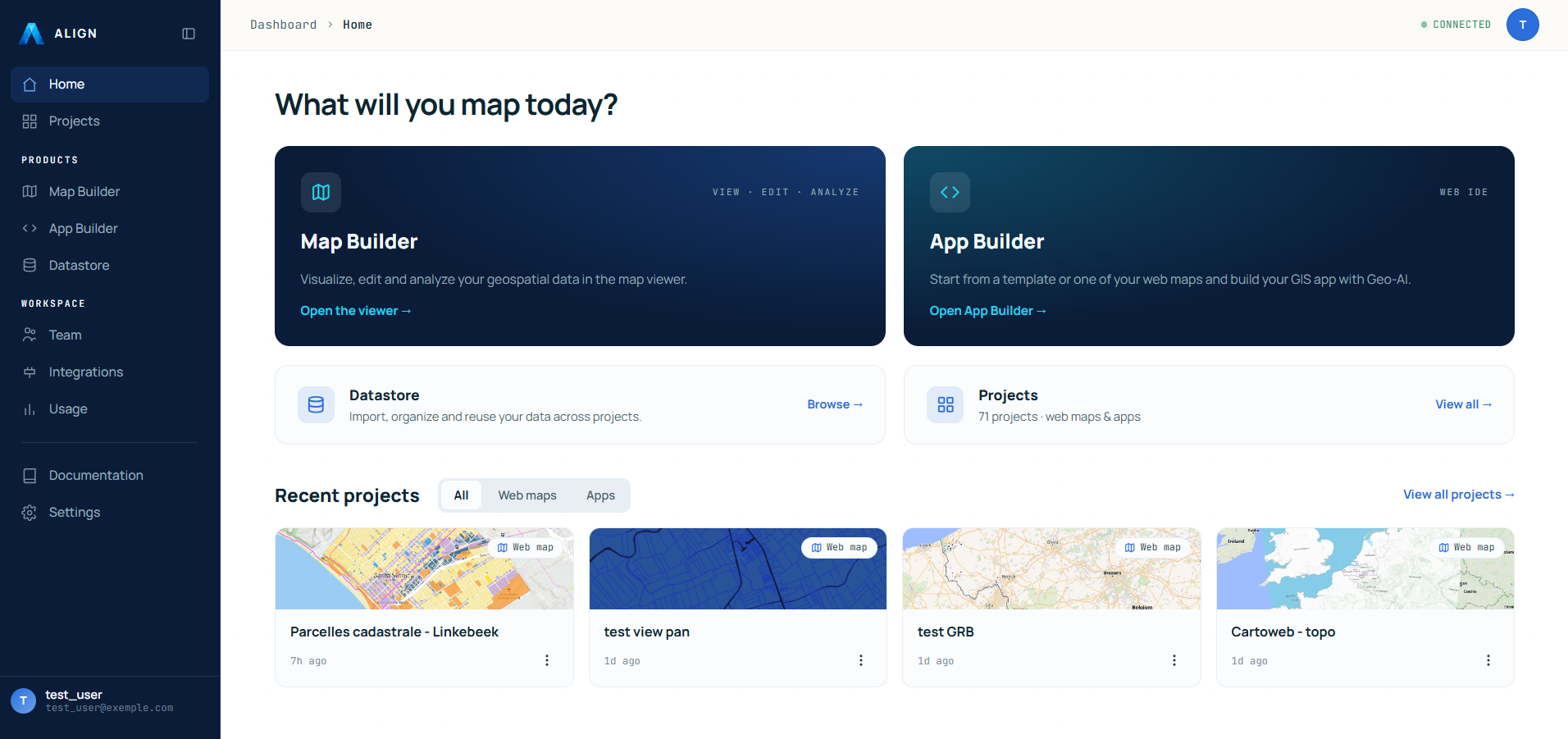 The ALIGN platform home: launchers for the Map Builder and App Builder, the Datastore, and recent web map projects